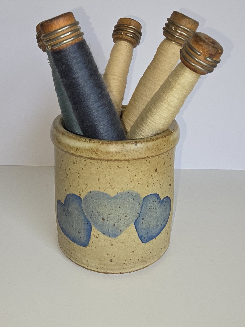 Handcrafted Stoneware Heart Crock - Blue and Cream